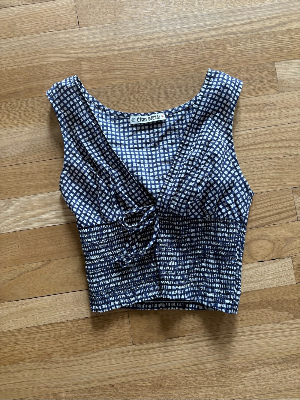 Ciao Lucia Navy and White Printed V-Neck Sleeveless Crop Top